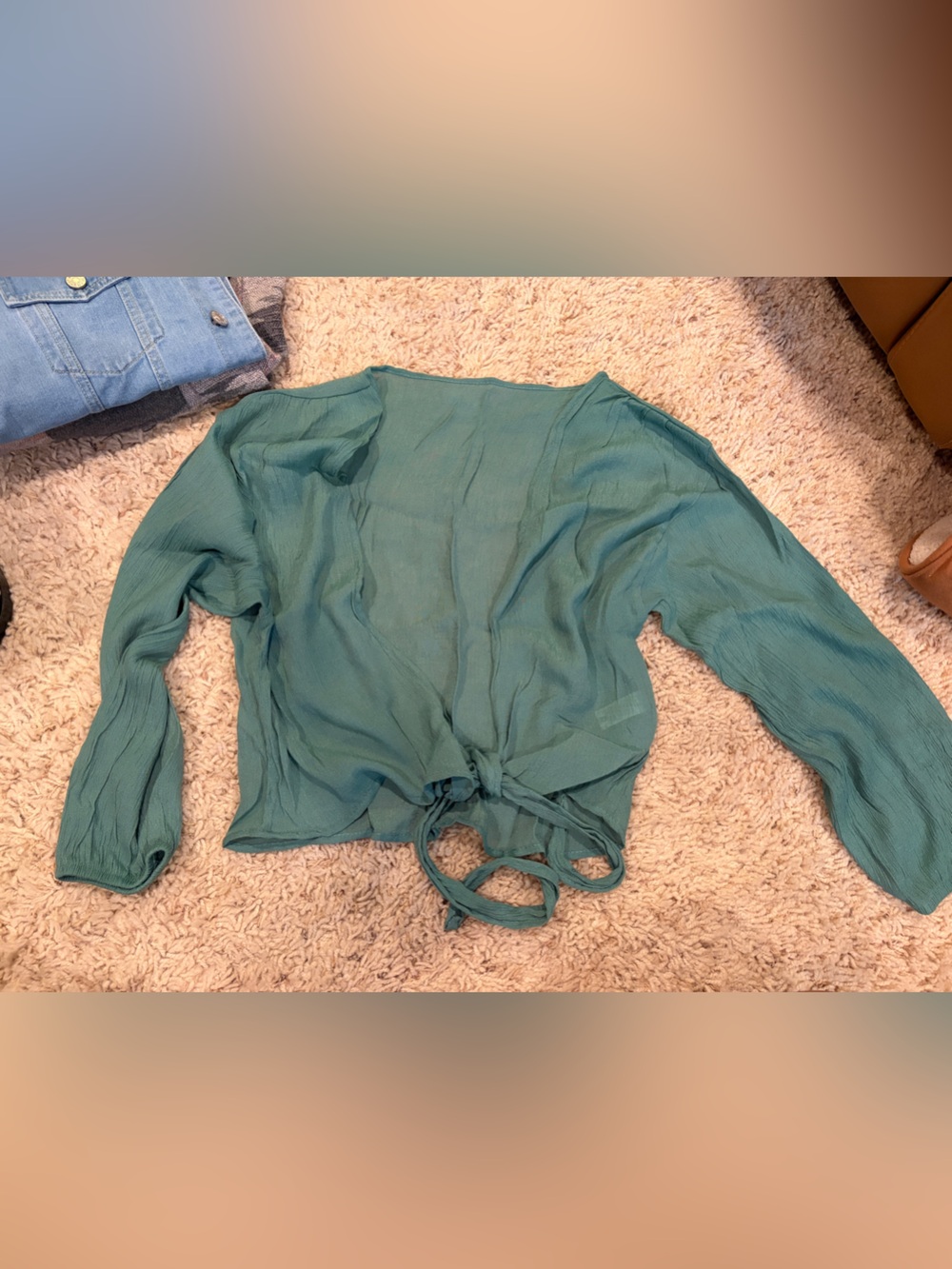 Women's Teal Tie-Front Long Sleeve Top